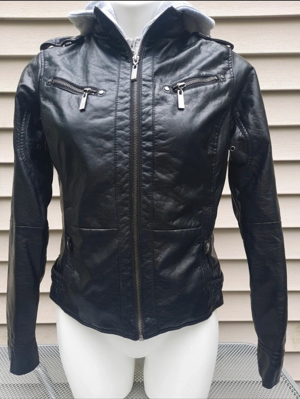J2 Jou Jou Jacket Faux Vegan Leather Fur Lined Removable Hood Size Small